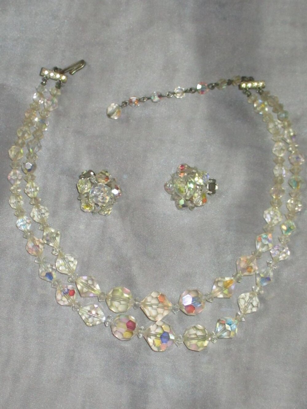 Vintage Aurora Borealis double strand crystal necklace and clip on earrings set